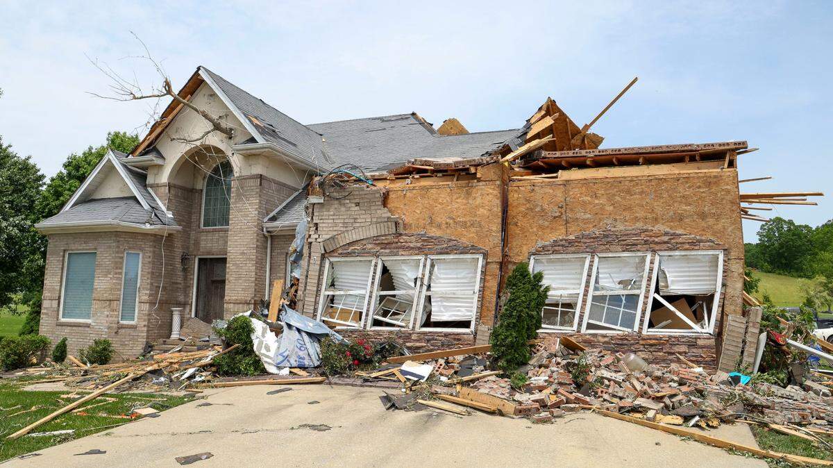 A damaged home on Cedar Ridge Drive in the Crooked Creek neighborhood east of London, Ky., Sunday, May 18, 2025. Two days earlier, thunderstorms and a deadly tornado ripped through the Laurel County, destroying many homes.