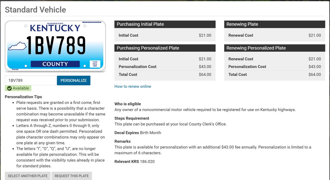 A screenshot of the Kentucky Transportation Cabinet’s website shows the process and fees for personalized plates.