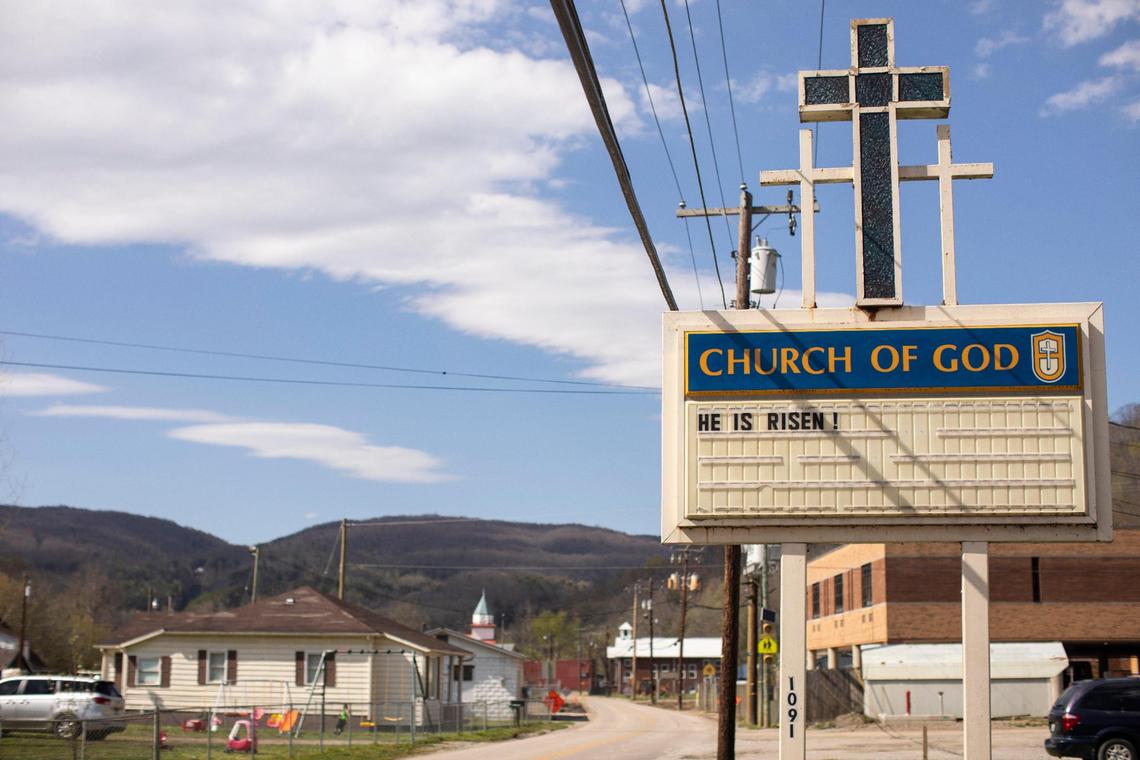 The building for the Wallins Church of God in Harlan County, Ky., Friday, April 9, 2021. Pastor Buddy Simpson got the vaccine and the church has been meeting in their parking lot until recently.