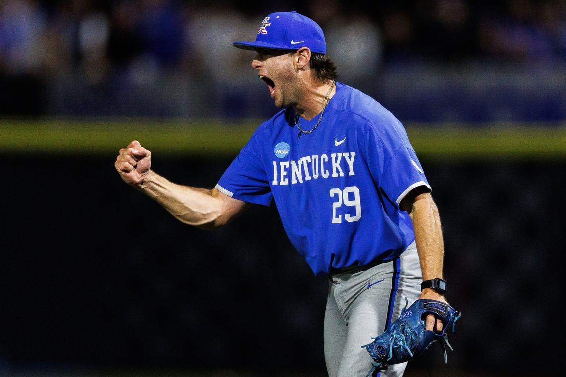 Jun 9, 2024; Lexington, KY, USA; Kentucky Wildcats pitcher Robert Hogan (29) celebrates an out during the ninth inning against the Oregon State Beavers at Kentucky Proud Park. Mandatory Credit: Jordan Prather-USA TODAY Sports