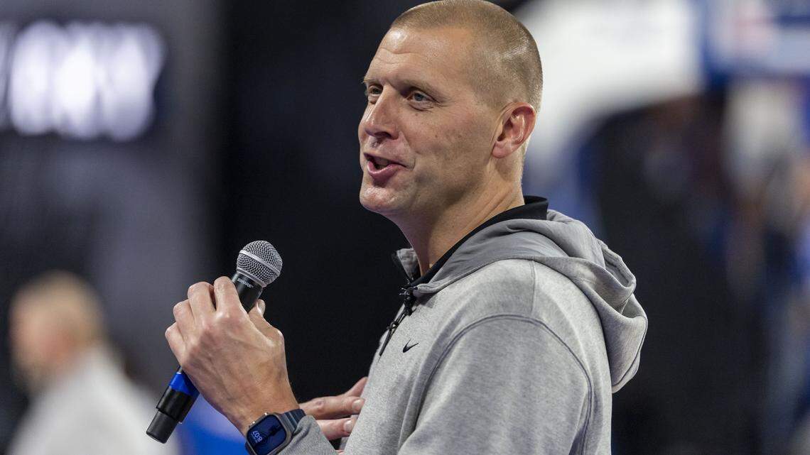 Kentucky basketball coach Mark Pope speaks to fans during the annual Blue-White Game on Friday, Oct. 17, 2025, at Memorial Coliseum in Lexington, Ky.