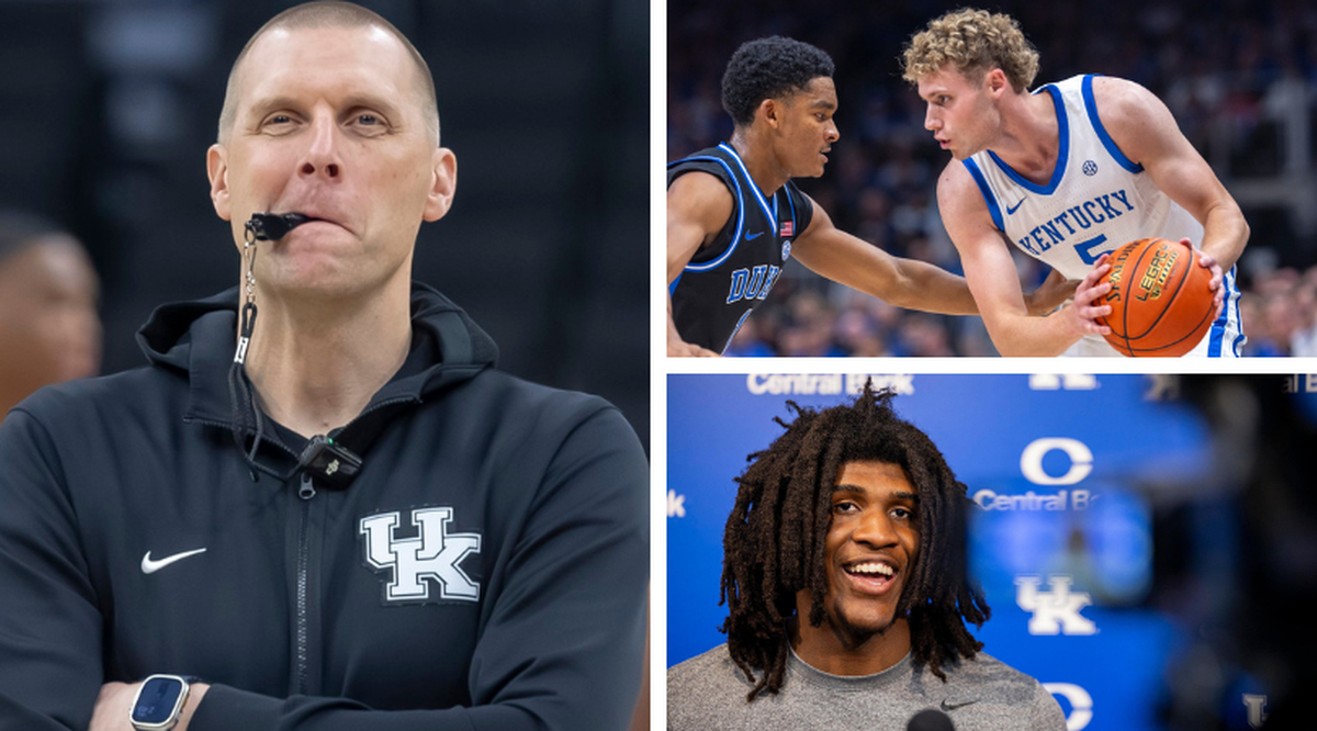 Kentucky basketball coach Mark Pope, left, is known to play chess matches against UK players Collin Chandler, top right, and Jayden Quaintance, bottom right.