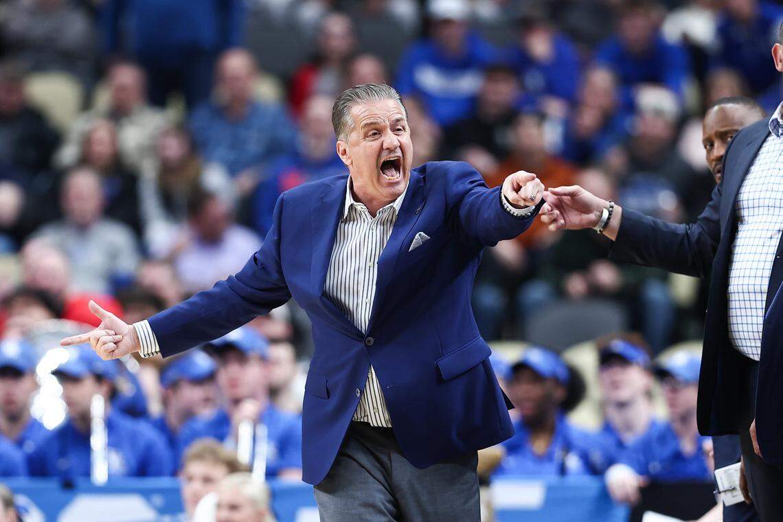Kentucky basketball coach John Calipari yells during an NCAA Tournament game against Oakland at PPG Paints Arena in Pittsburgh.