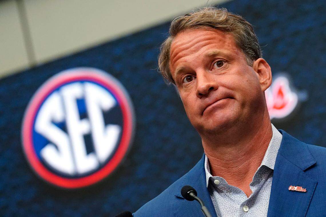 Ole Miss head coach Lane Kiffin speaks during at Southeastern Conference Media Days on Monday in Atlanta.