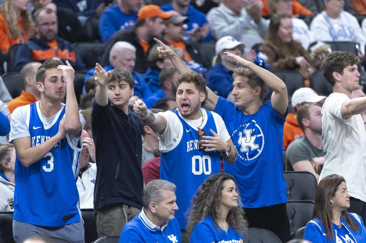 Kentucky fans cheer during a first-round NCAA Tournament game against Troy at Fiserv Forum in Milwaukee on Friday.
