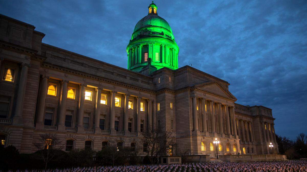 Dusk falls on the Kentucky state Capitol on the final day of the 2021 legislative session in Frankfort, Ky. on March 30, 2021.