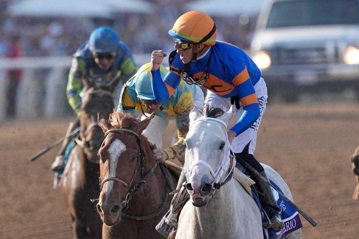 Irad Ortiz Jr. rides White Abarrio to victory in the Breeders’ Cup Classic on Saturday at Santa Anita Park.