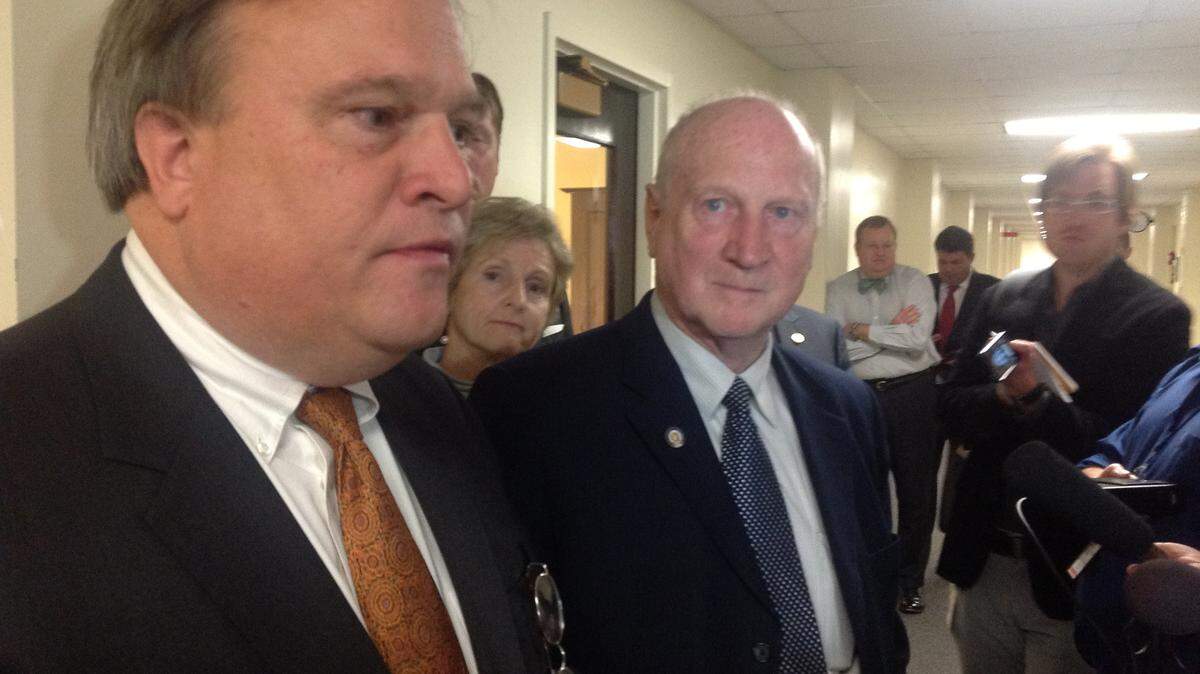 Sen. Robert Stivers, R-Manchester, left, and Sen. Dan Seum, R-Louisville, spoke Tuesday after Senate GOP chose new leaders.