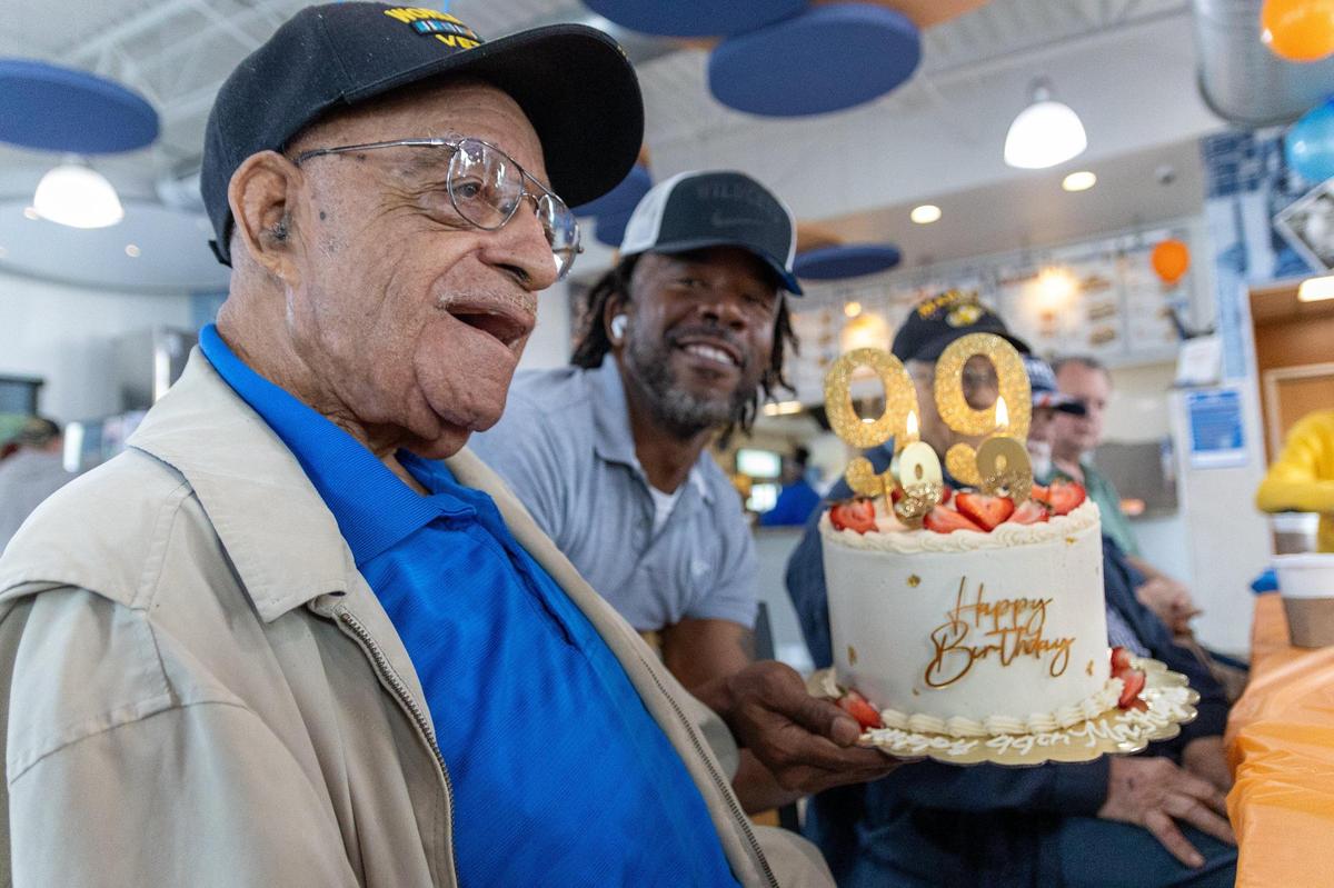 John Hughes, a World War II veteran, celebrated his 99th birthday at White Castle on East Reynolds Road with his veteran friends he regularly gathers with for breakfast, May 31, 2025.
