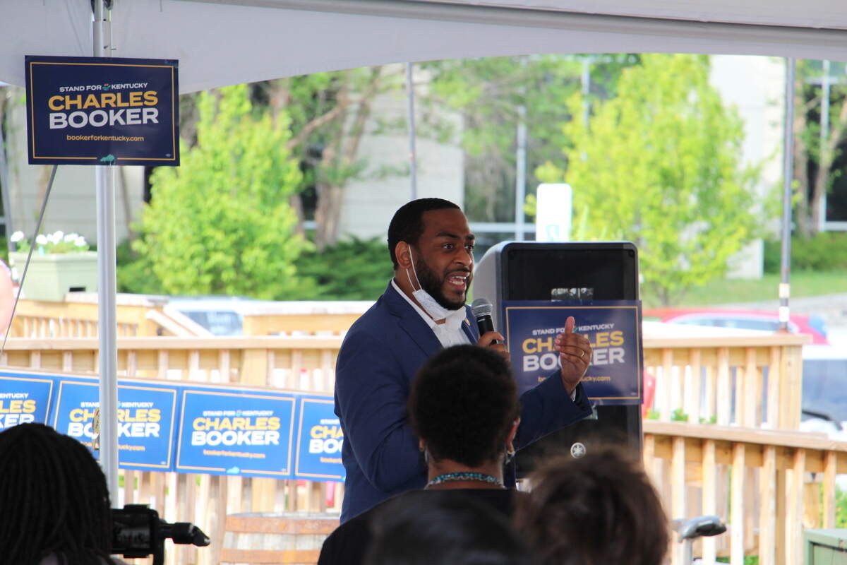 Rep. Charles Booker, D-Louisville, speaks at a rally at Sig Luscher in Frankfort on Friday June 19, 2020 as he campaigns in Democratic Primary for U.S. Senate in Kentucky.