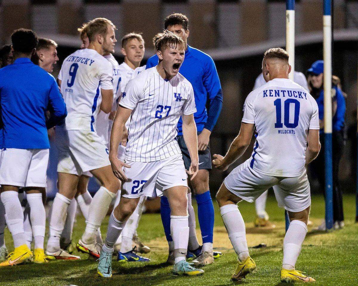 Kentucky senior Ben Damge (27) has scored three goals in the last three games for UK, including two goals Thursday night in Kentucky’s NCAA Tournament win at Xavier.