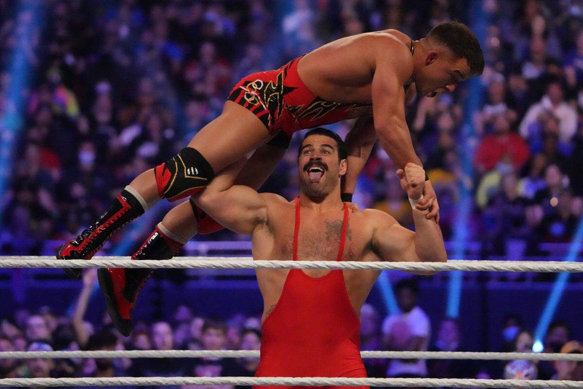 Jan 29, 2022; St. Louis, MO, USA; Rick Boogs (bottom) and Chad Gable during the Royal Rumble The Dome at America's Center. Mandatory Credit: Joe Camporeale-USA TODAY Sports