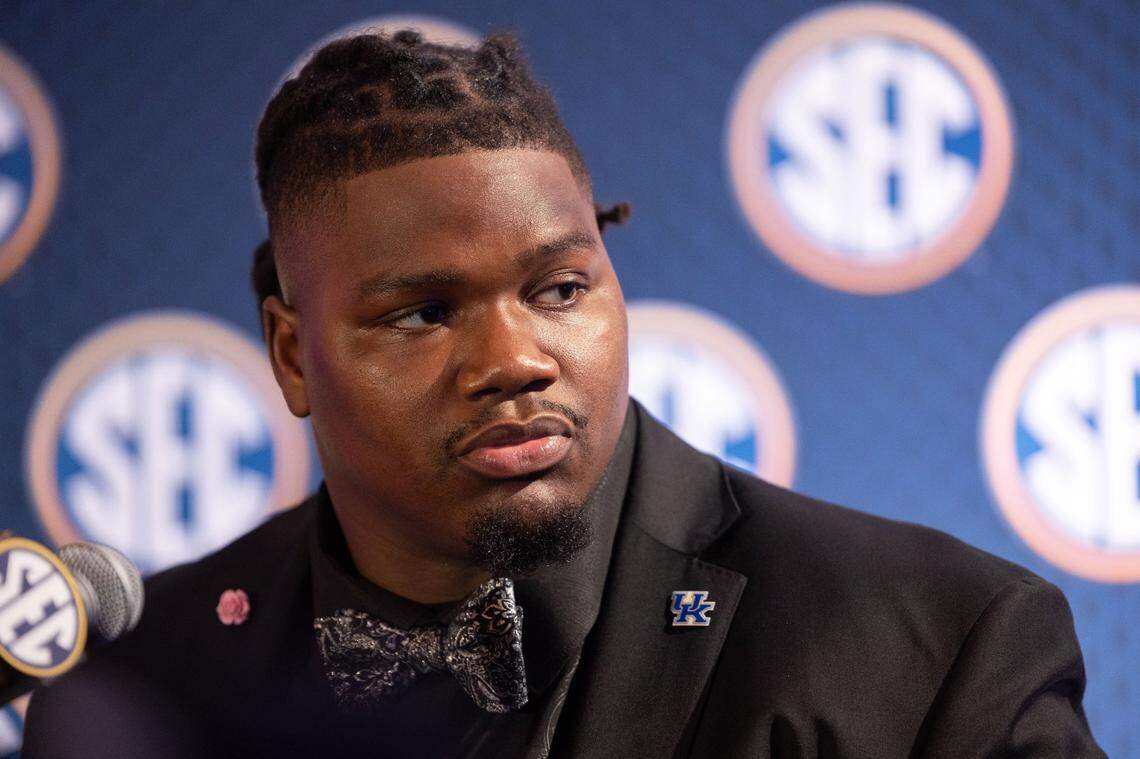 Jul 18, 2024; Dallas, TX, USA; Kentucky offensive lineman Marques Cox speaks to the media at Omni Dallas Hotel. Mandatory Credit: Brett Patzke-USA TODAY Sports