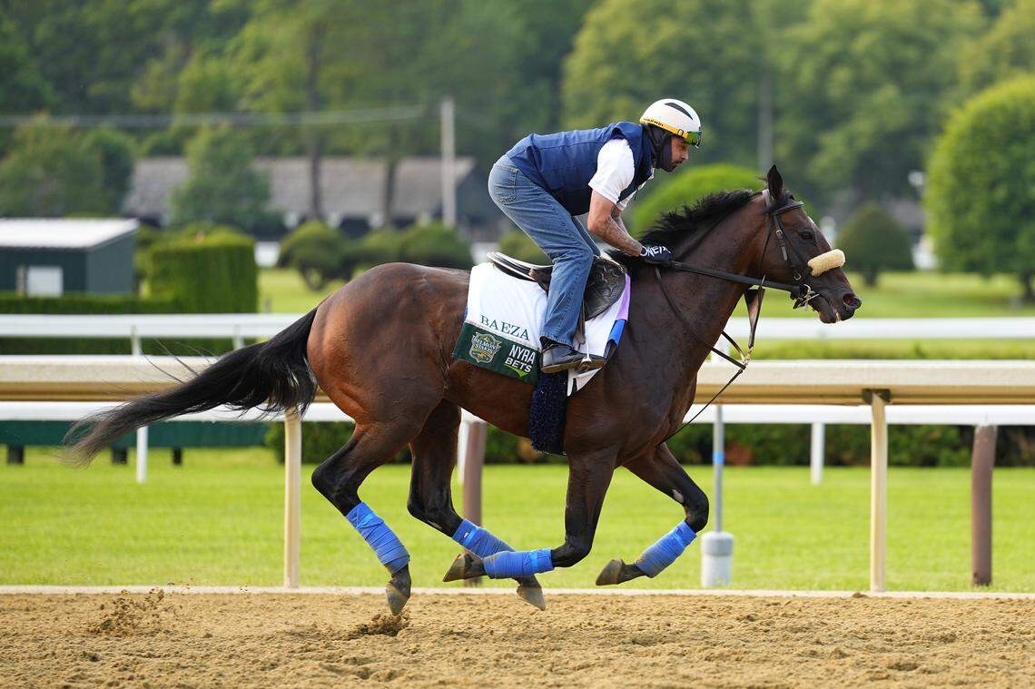 Jun 4, 2025; Saratoga, NY, USA; Baeza breezes during his morning workout at Saratoga Race Course. Mandatory Credit: Gregory Fisher-Imagn Images