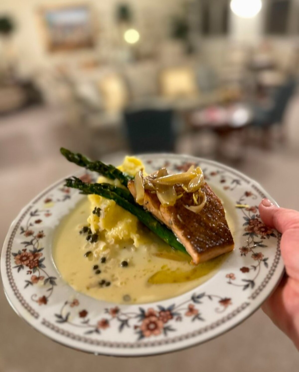 Pan seared salmon with whipped potatoes and asparagus at Chez Lyndon