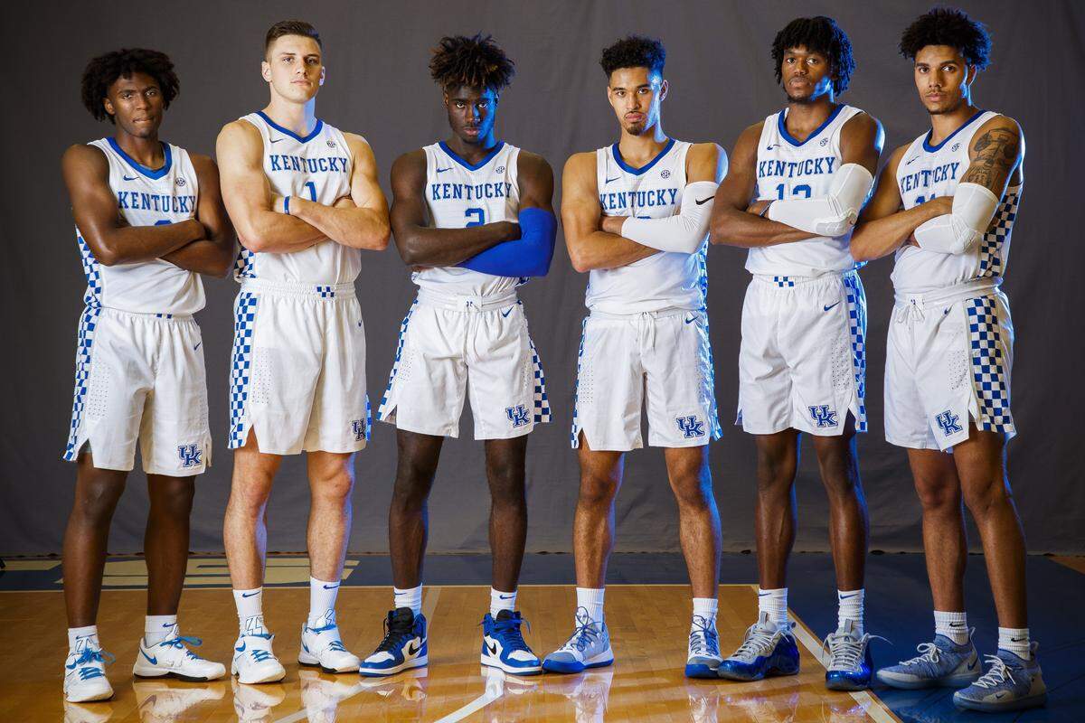Six new scholarship players joined Kentucky’s roster this offseason. From left: Tyrese Maxey, Nate Sestina, Kahlil Whitney, Johnny Juzang, Keion Brooks and Dontaie Allen.