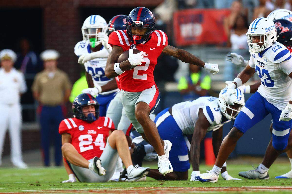 A transfer from Penn State, Mississippi wide receiver Harrison Wallace III (2) had five catches for 130 yards and a touchdown in the Rebels’ 63-7 win over Georgia State last week.