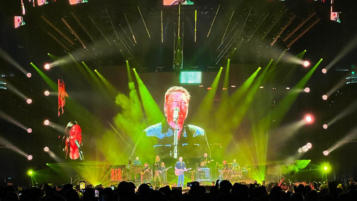 Blake Shelton performing in front of a nealry sold out audence during his Friends and Heroes 2025 tour at Rupp Sports Arena on Feburary 27, 2025, in Lexington, Ky