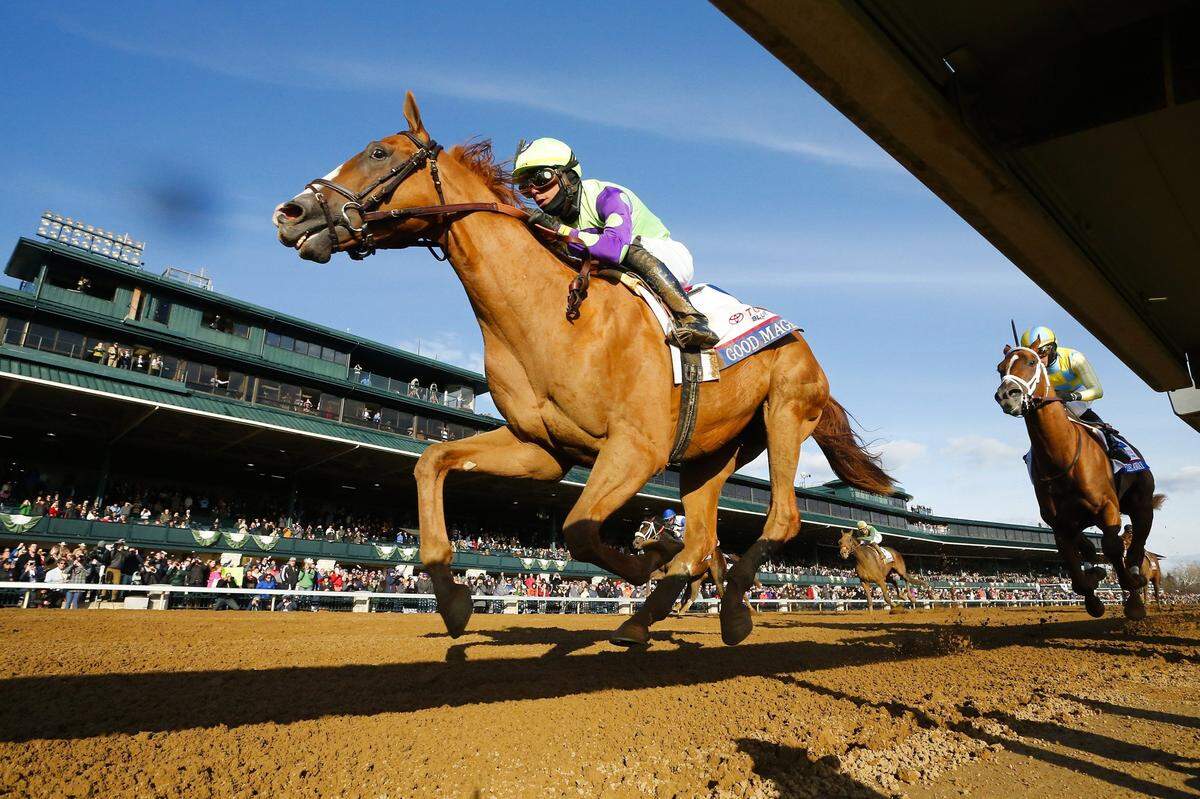 Good Magic, with jockey Jose Ortiz aboard, wins the 94th running of Toyota Blue Grass Stakes at Keeneland in April 2018.