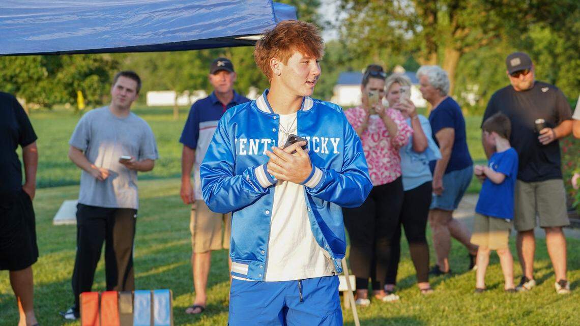 Moeller's Matt Ponatoski speaks to his family and friends after verbally committing to the University of Kentucky.