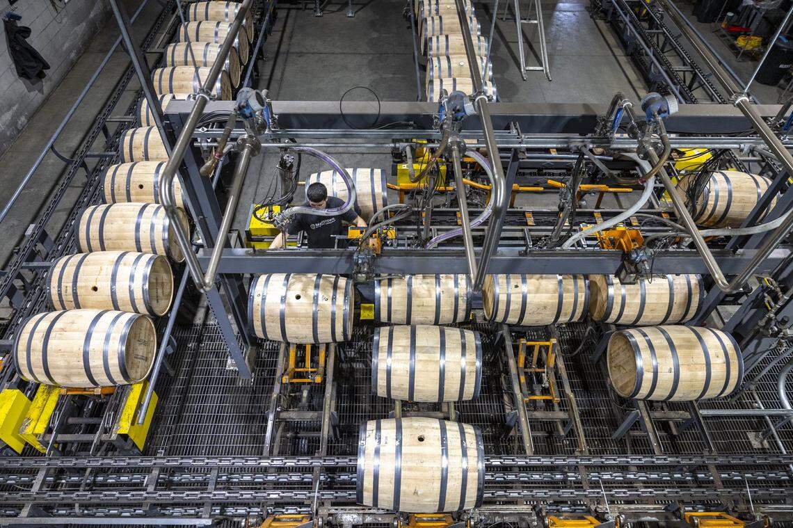 Barrels are filled with bourbon at Bardstown Bourbon Company in Bardstown, Ky., on Wednesday, Nov. 19, 2025.