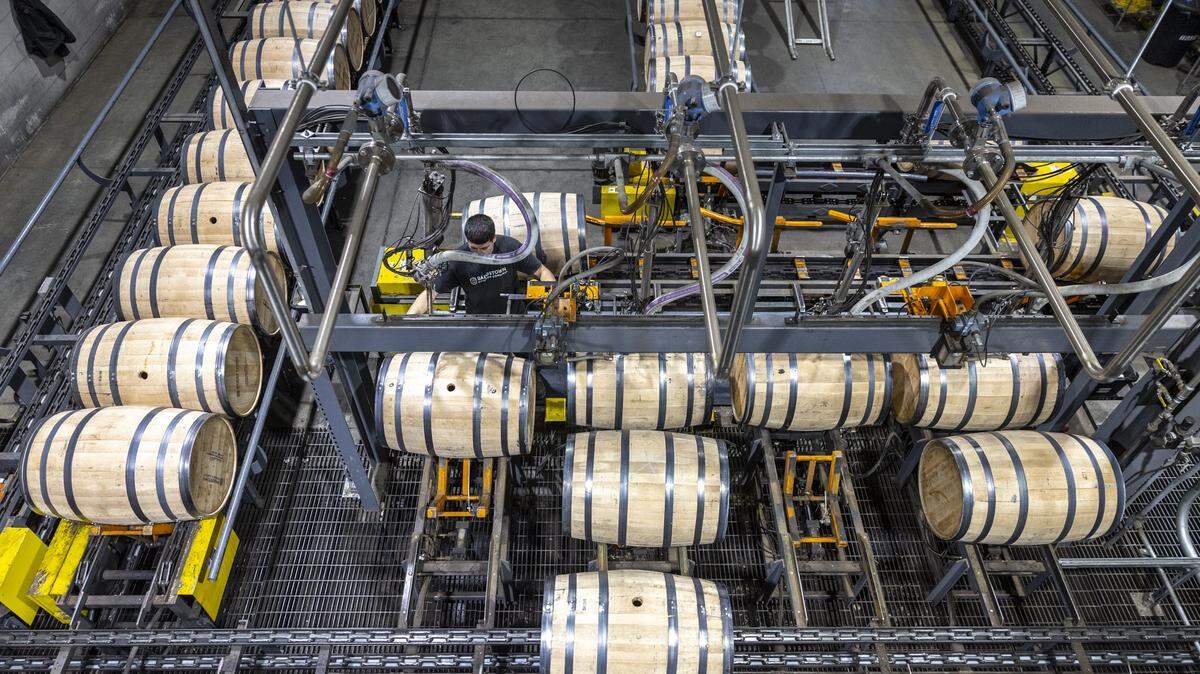 Barrels are filled with bourbon at Bardstown Bourbon Company in Bardstown, Ky., on Wednesday, Nov. 19, 2025.