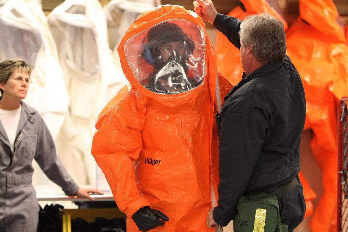 In this 2019 photo, safety gear was demonstrated at the chemical agent destruction plant at Blue Grass Army Depot in Richmond..