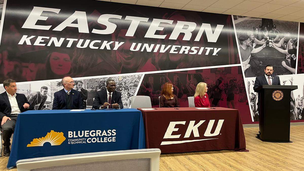 David McFaddin, president of Eastern Kentucky University, announces a partnership between EKU and Bluegrass Community and Technical College on March 23, 2022, that would help BCTC students complete an elementary education degree at the university.