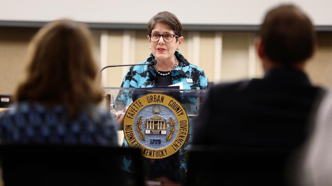 Lexington Mayor Linda Gorton unveiled a $505 million proposed budget April 18, 2023 in the Council Chamber in Lexington, Ky. Gorton’s budget proposal was the first time the city’s budget has surpassed $500 million.