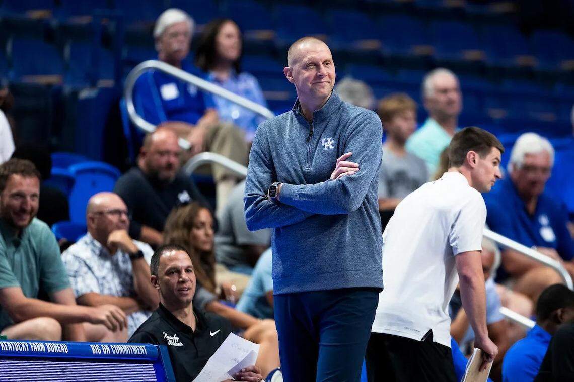 Kentucky coach Mark Pope watches his team during a practice in Rupp Arena this summer.