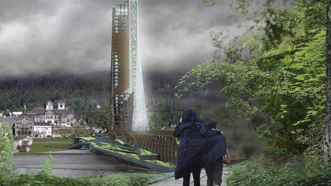 UK architecture student Ian Pangburn submitted a rendering of what a 200-foot-tall vertical greenhouse would look like in West Liberty. The view is looking east across the Licking River — which would irrigate the tower — toward downtown.