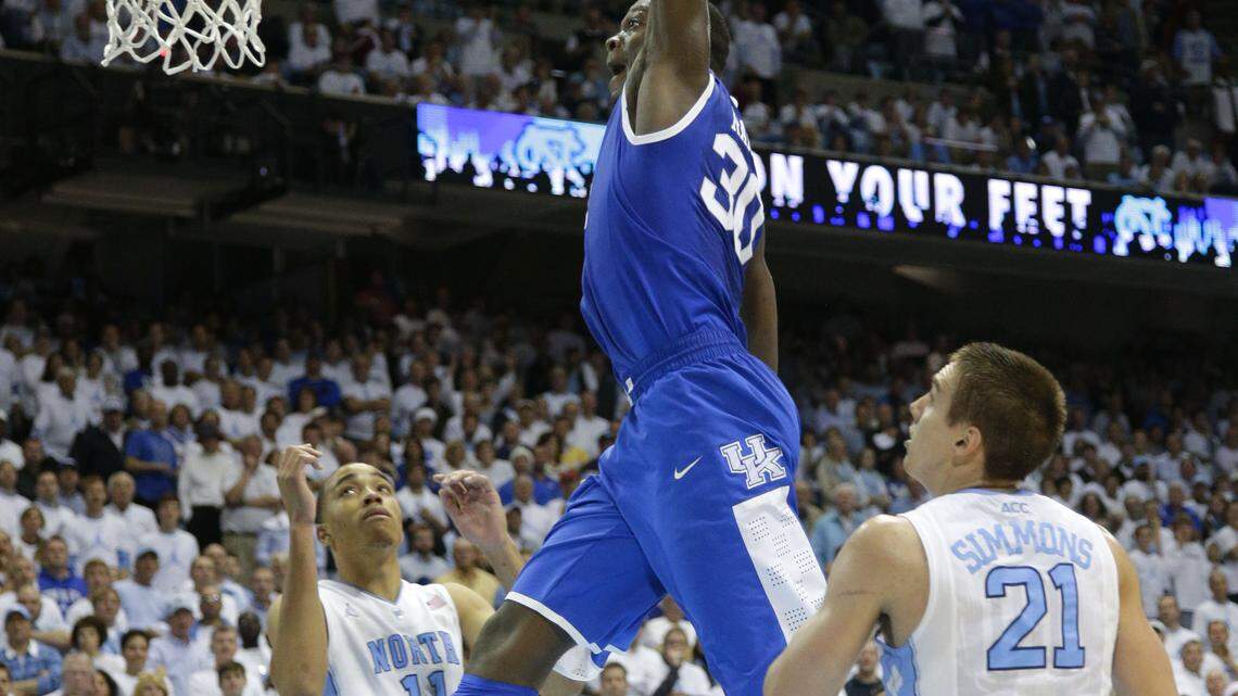 Kentucky Wildcats forward Julius Randle (30) got loose for a big dunk in the second half  as #18 North Carolina defeated  #11 Kentucky 82-77 on Saturday December 14, 2013 in  Chapel Hill, NC.  Photos by Mark Cornelison | Staff