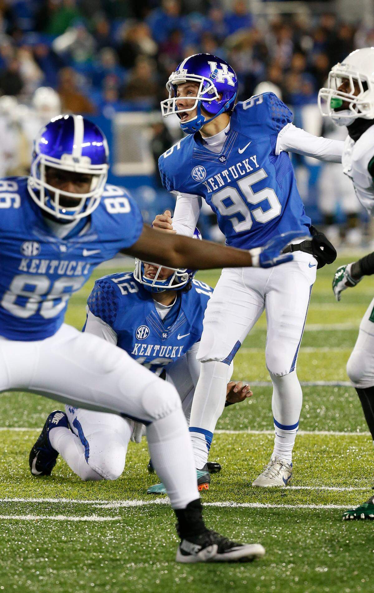Kentucky place kicker Miles Butler (95) watched his first field goal go through the uprights in 2015 when he was subbing in for an injured Austin MacGinnis.