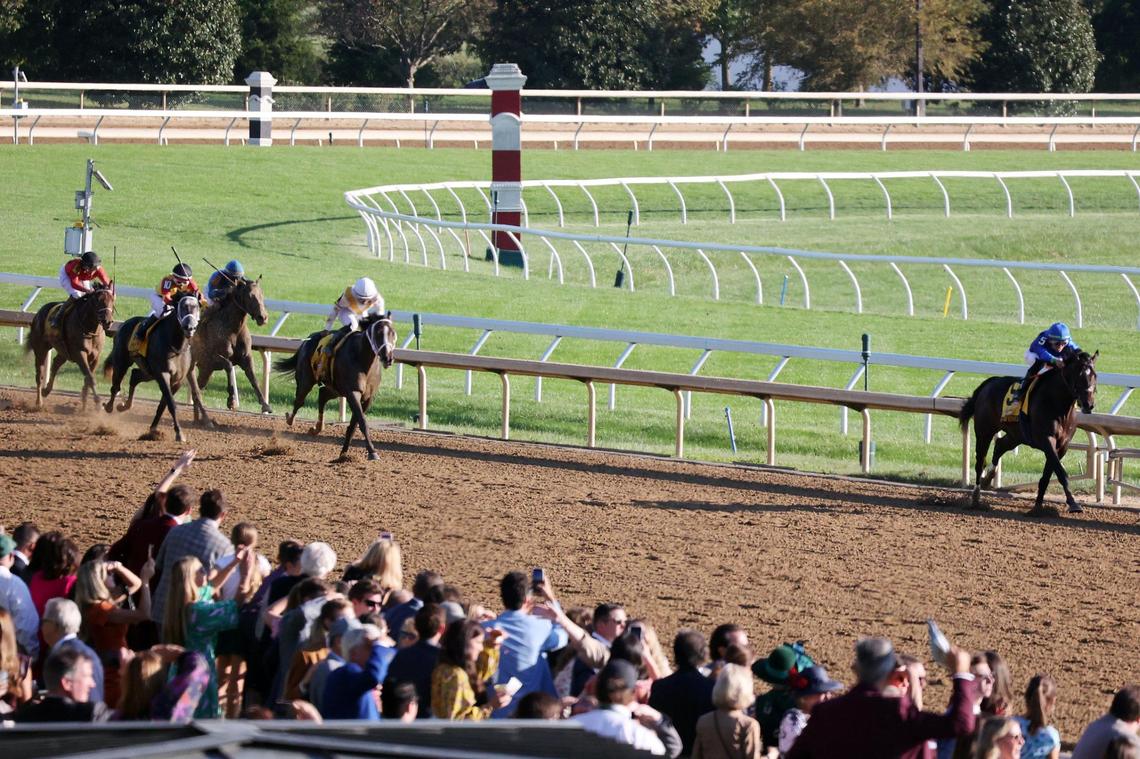 Jockey Tyler Gaffalione and East Avenue, right, pull away from the field during the Grade 1, $600,000 Claiborne Breeders’ Futurity at Keeneland last October. East Avenue will run in the Grade 1, $1.25 Million Toyota Blue Grass Stakes on Tuesday at Keeneland.