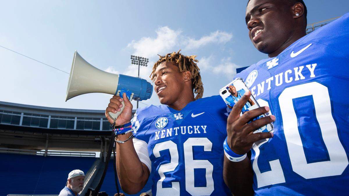 Junior running back Benny Snell tried to direct the Media Day festivities on Aug. 3 at Kroger Field.