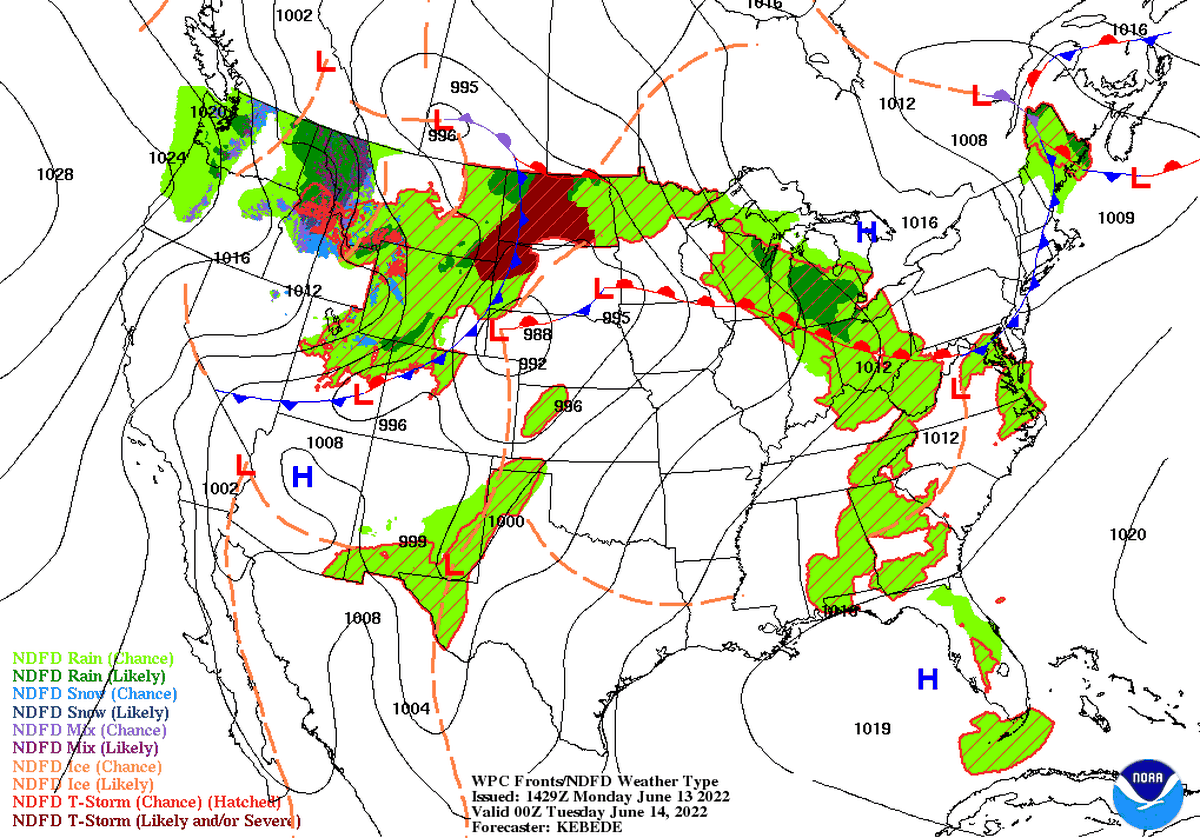 A forecast from the National Weather Service, showing fronts for midnight Tuesday, June 14, 2022. Storms are expected to move through the yellow highlighted areas on the map, although the NWS advises thunderstorm movement can be difficult to predict and may change.