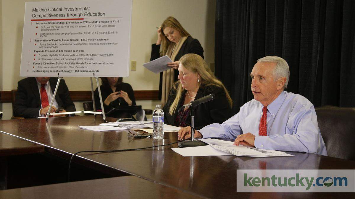 Gov. Steve Beshear talked to the media about his  two-year budget plan on Tuesday January 21, 2014 in Lexington, Ky.  Photos by Mark Cornelison | Staff