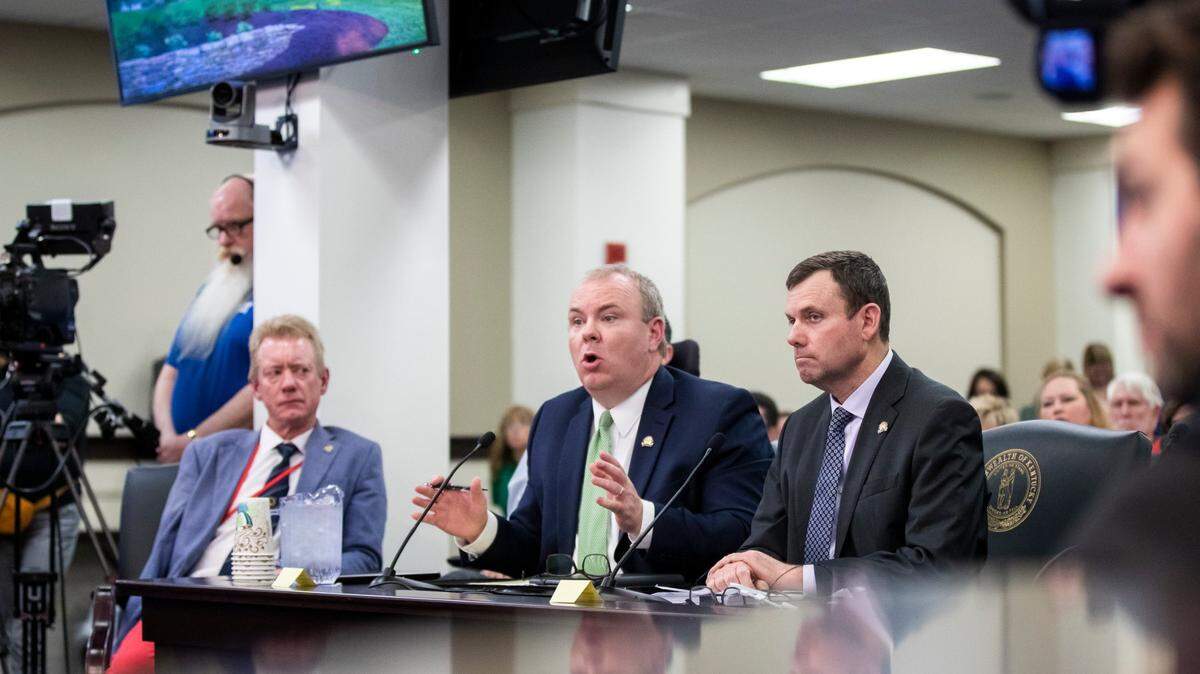 Sen. Stephen West, Rep. Al Gentry and Majority Whip Rep. Jason Nemes speak in committee about Senate Bill 47 concerning medical marijuana during the last day of legislative session at the Capitol in Frankfort, Ky., Thursday, March 30, 2022.