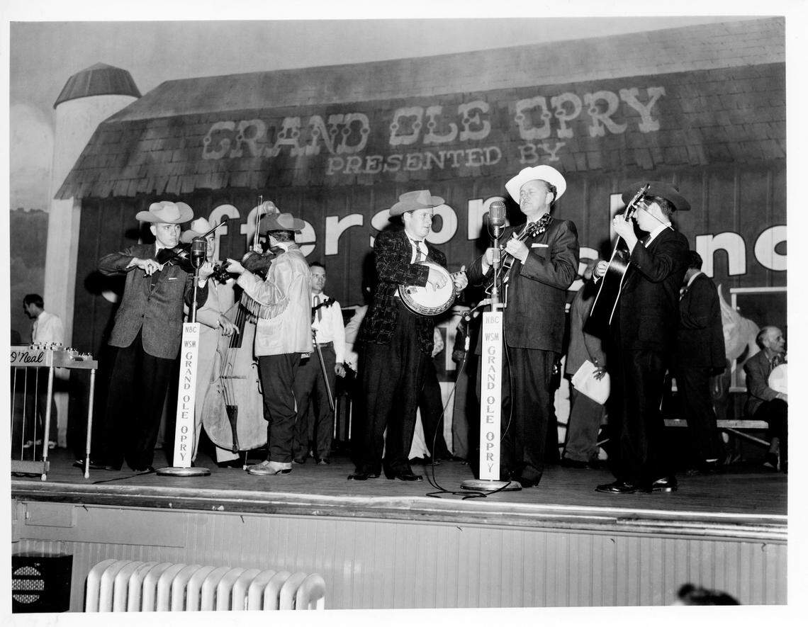 Bill Monroe and his Bluegrass Boys on stage at the Grand Ole Opry, the Ryman Auditorium in Nashville.
