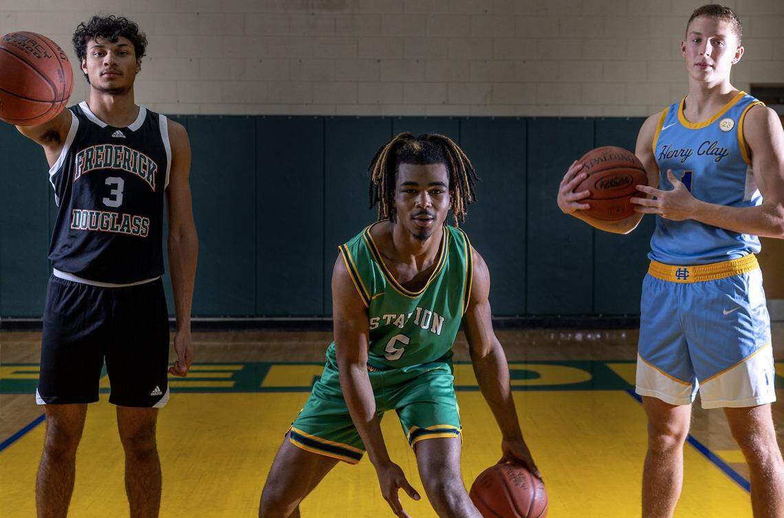 Frederick Douglass' DeMarcus Surratt, from left, Bryan Station's Amari Owens and Henry Clay's Jackson Stephan are photographed at Bryan Staton High School on Wednesday, Nov. 19, 2025.