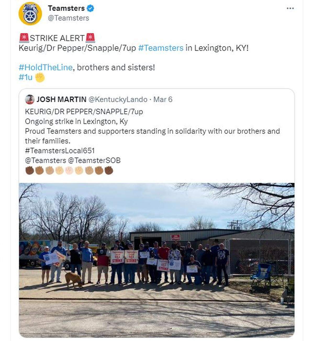Drivers at the Keurig Dr Pepper Snapple 7up plant in Lexington have been on strike since Feb. 27 over wages and other issues, including cameras in cabs to monitor what they eat and drink.