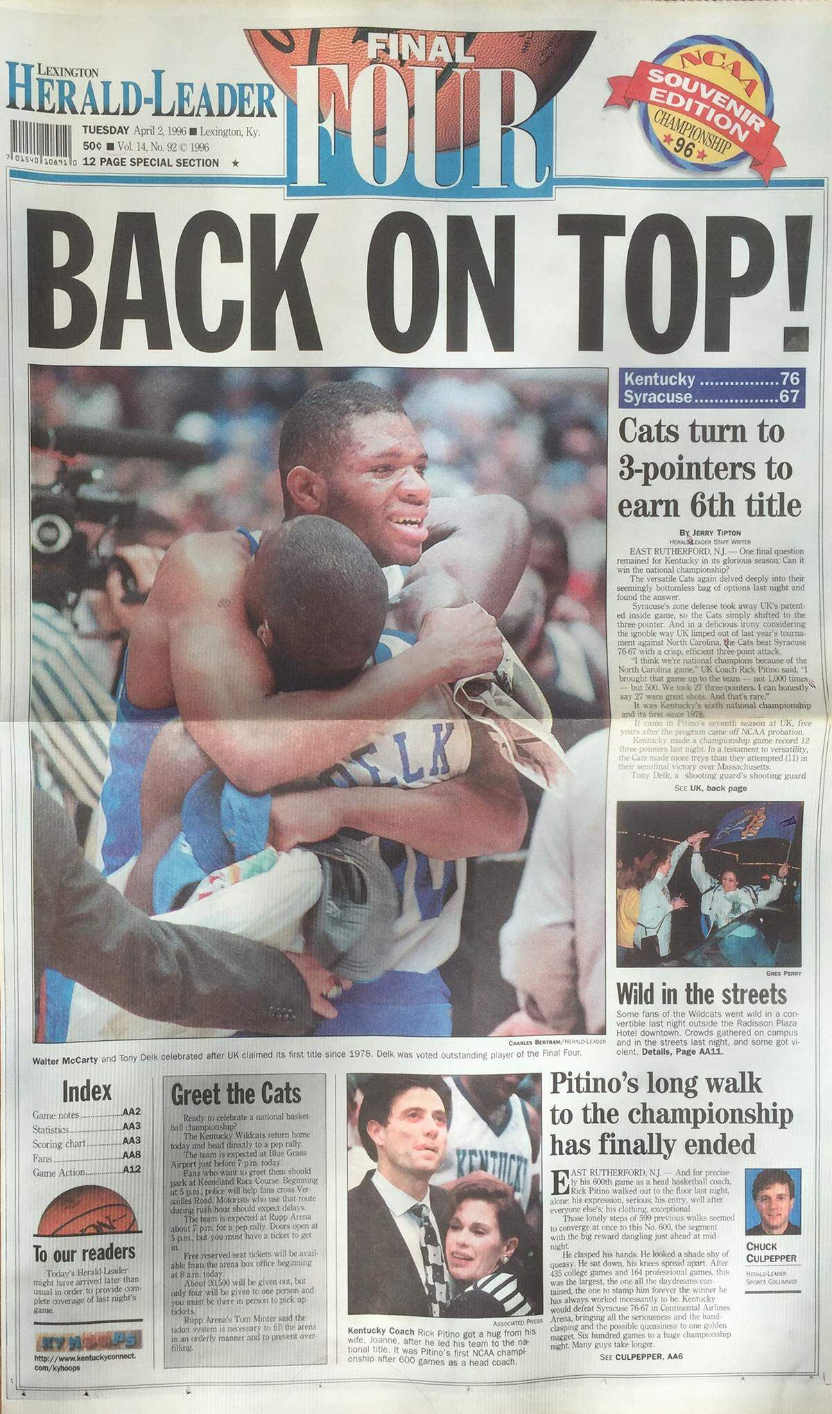 The front page of the Herald-Leader's NCAA Tournament special section on April 2, 1996.