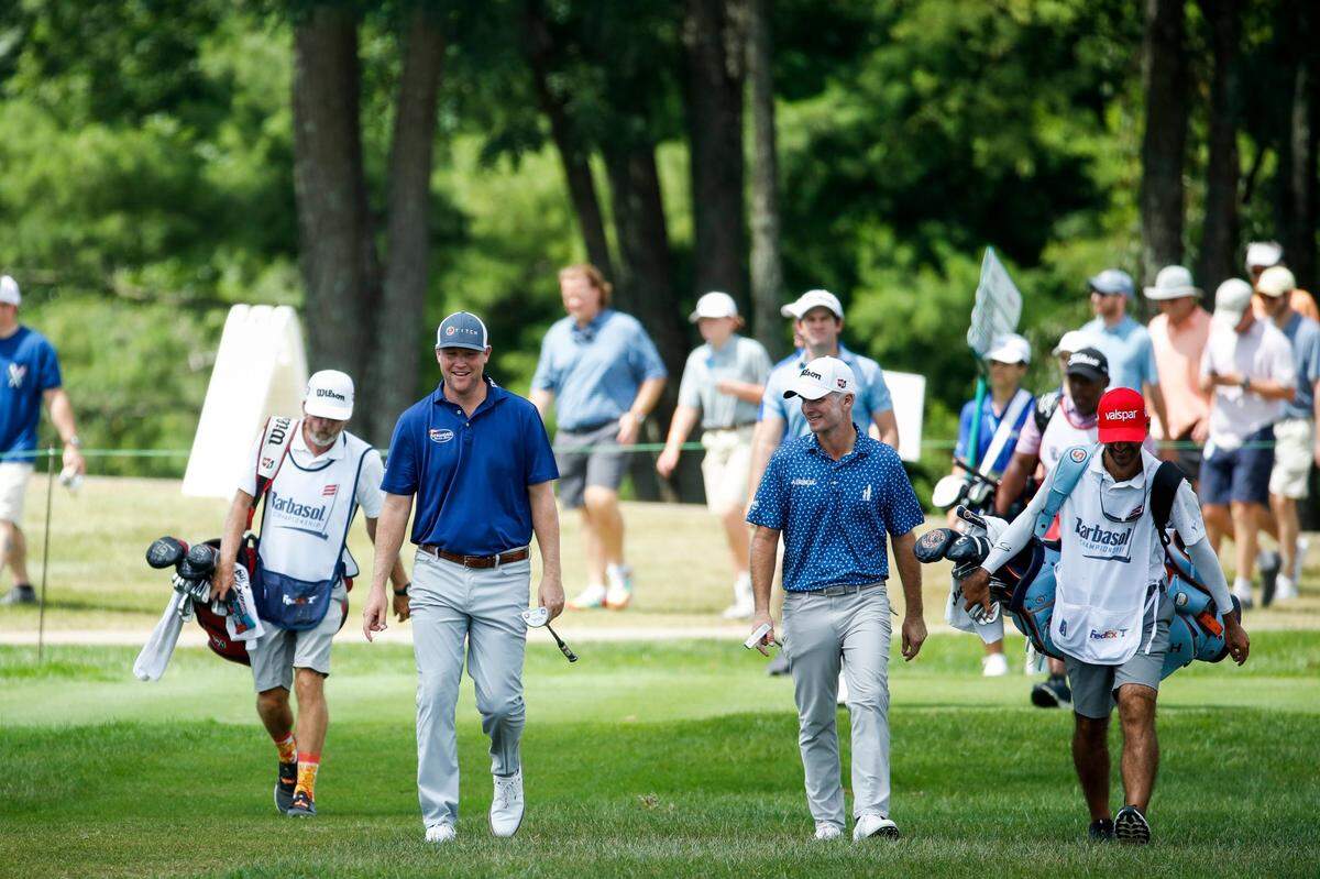 Kevin Streelman, left, and Trey Mullinax walk to the ninth green during the fourth round of the Barbasol Championship at Keene Trace Golf Club in Nicholasville on Sunday.