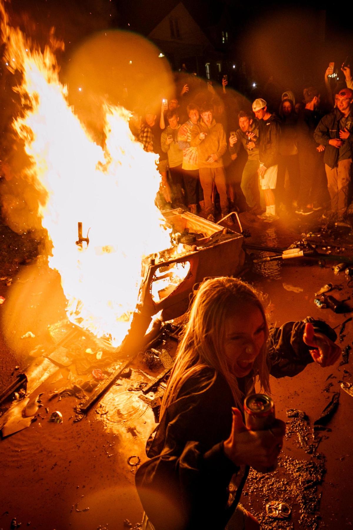 After the University of Kentucky women’s volleyball team won the program’s first national championship on Saturday, April 24, 2021, fans headed to State Street in Lexington, Ky., for what has become a celebration tradition: couch burning.