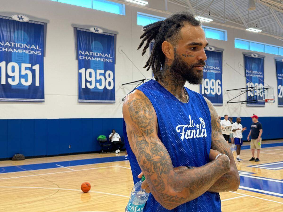 Former Kentucky men’s basketball player Willie Cauley-Stein speaks at the Joe Craft Center during a media day for the La Familia UK alumni team in The Basketball Tournament on Monday. The La Familia team is primarily made up of former UK players like Cauley-Stein, who played three college seasons for the Wildcats.