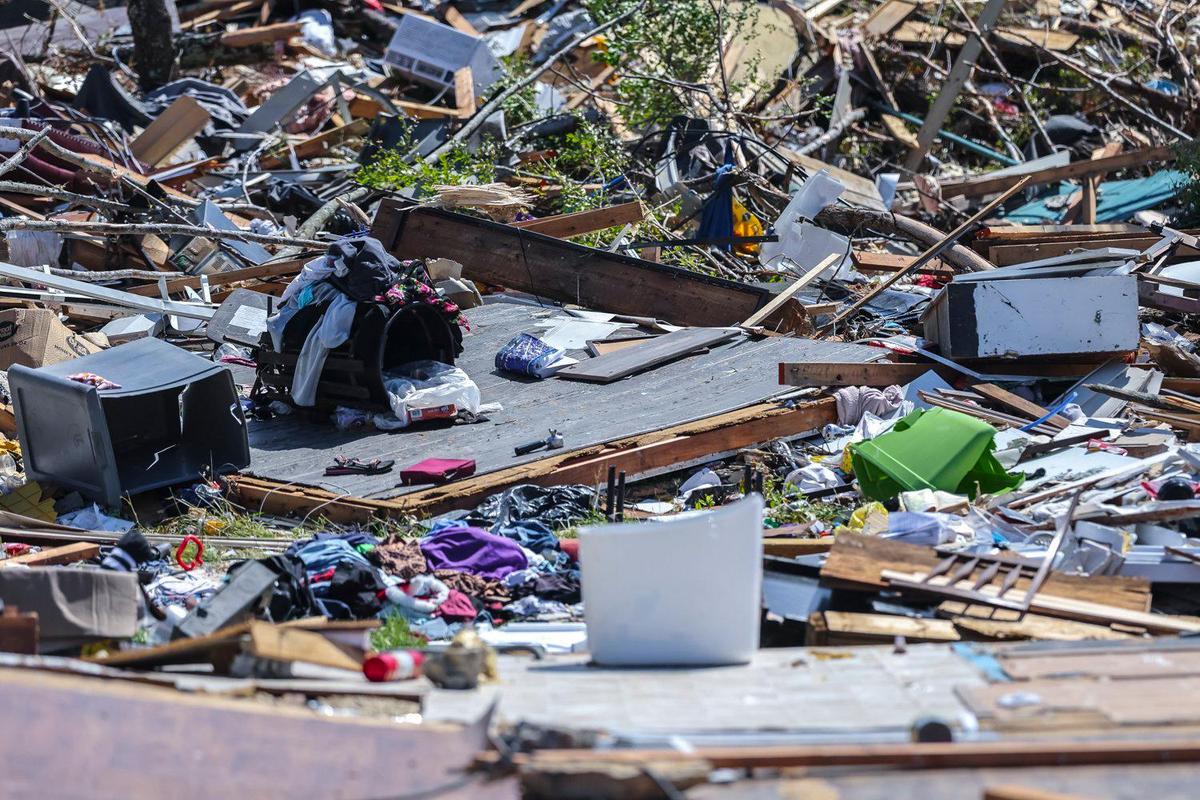 An apartment complex lies in ruins in London, Ky., on Thursday, May 22, 2025, after it was destroyed by a tornado. A violent storm system ripped across Kentucky, destroying homes and businesses on May 16.