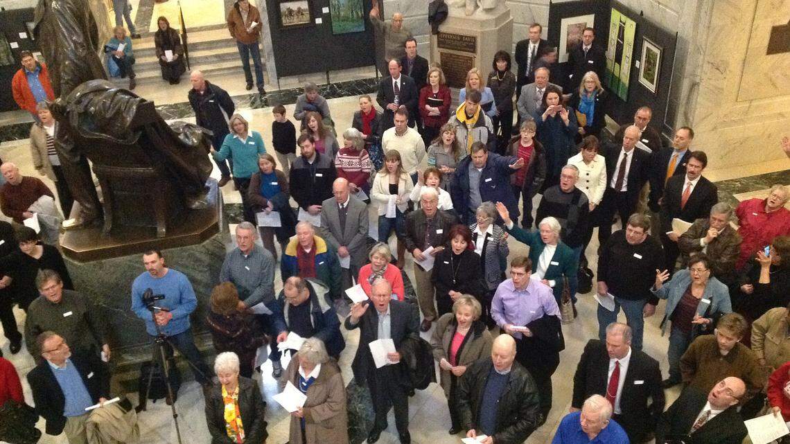 Supporters of HB 279, the "religious freedom" bill, rallied in the State Capitol on Tuesday morning as legislators moved toward rejecting the governor's veto of the legislation.       