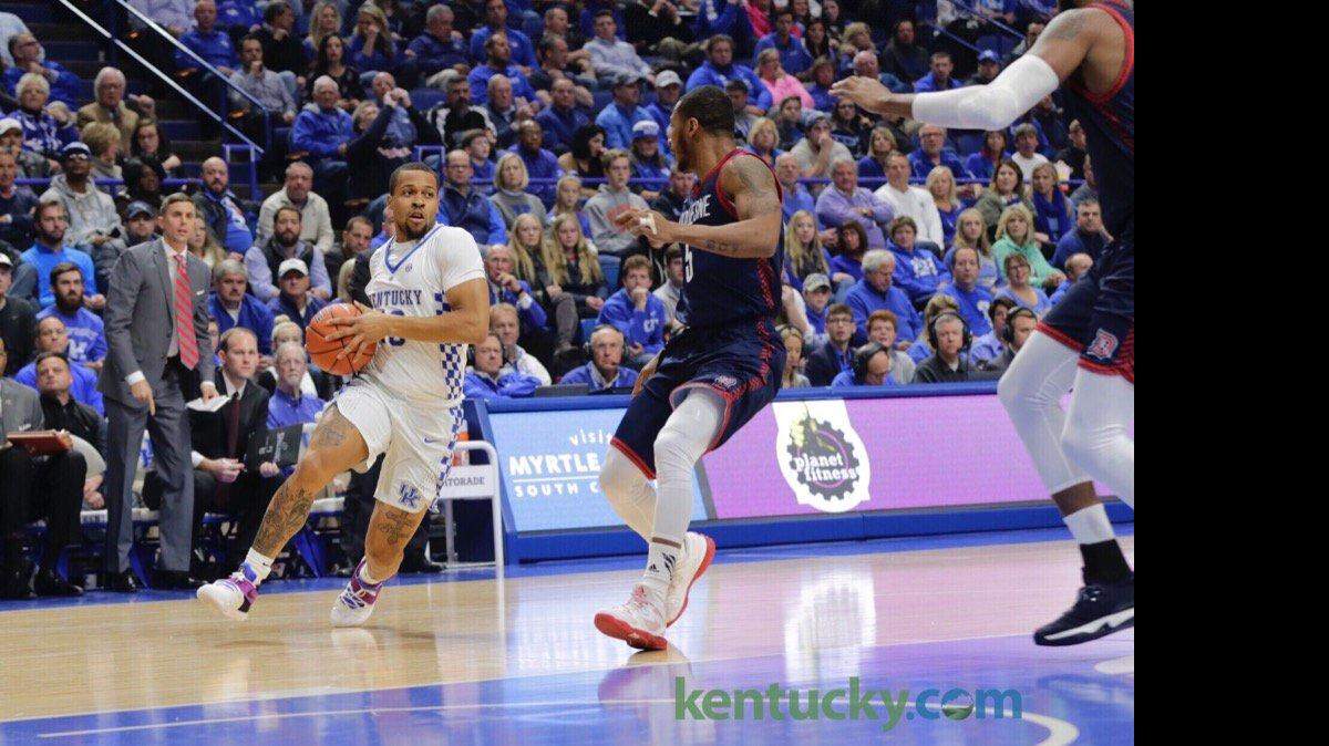 Isaiah Briscoe maneuvered with the ball during the men's basketball game against Duquesne University in Rupp Arena Sunday night.
