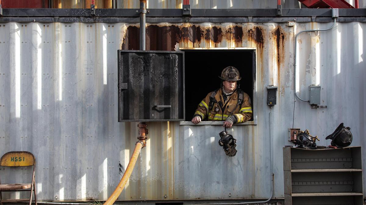 Major Chris Harrod, of the Lexington Fire Department, looks out from a structure at the Lexington Fire Training Academy on Old Frankfort Pike in Lexington, Ky., Thursday, Dec. 12, 2019. Thursday marked the 10th and final day of training for a group of firefighters going through vigorous certification to become Structural Collapse Specialists.