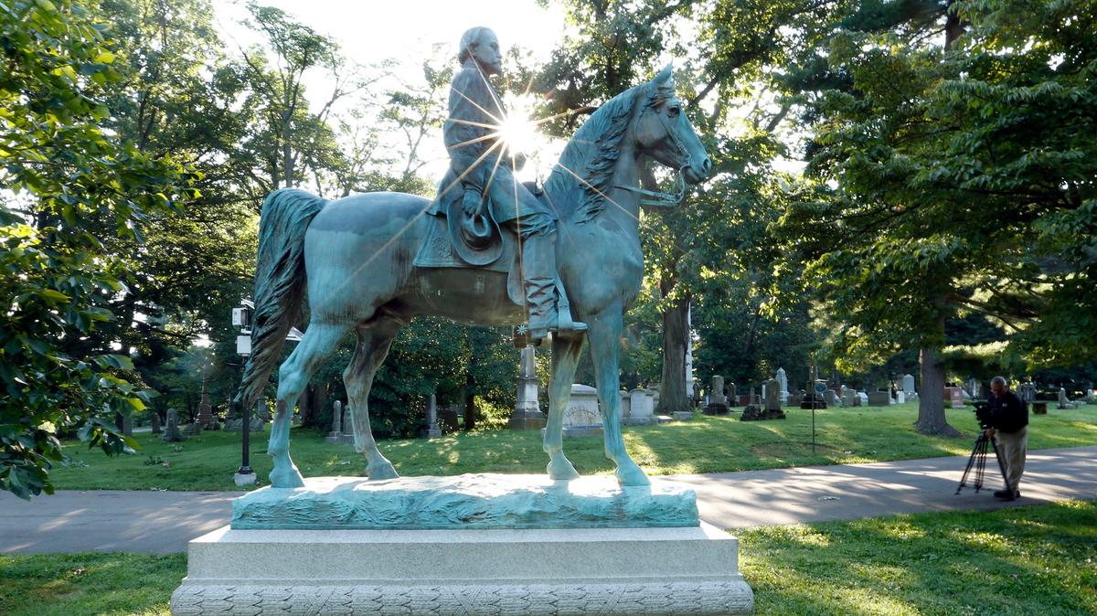 The controversial statues of Confederate figures John Hunt Morgan, seen here, and John C. Breckinridge have been relocated to the Lexington Cemetery. They were removed from the lawn of the old Fayette County Courthouse in October 2017. The Morgan statue has been placed in the Confederate section of the cemetery while Breckinridge’s statue was placed in the Breckinridge family burial area in section G.